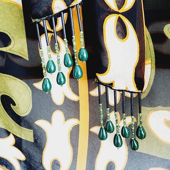 Zara Olive Green Printed Long Sleeve Top Neck Tie with Beading Size Small - Picture 5 of 12